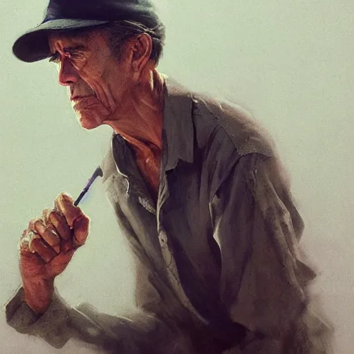 Image similar to a highly detailed epic cinematic concept art CG render digital painting artwork costume design: Henry Fonda as a 1950s tired poet, barefoot, smoking a cigarette. By Greg Rutkowski, Ilya Kuvshinov, WLOP, Stanley Artgerm Lau, Ruan Jia and Fenghua Zhong, trending on ArtStation, subtle muted cinematic colors, made in Maya, Blender and Photoshop, octane render, excellent composition, cinematic atmosphere, dynamic dramatic cinematic lighting, aesthetic, very inspirational, arthouse