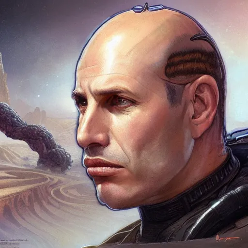 Image similar to israeli prime minister naftali bennett as dune character, portrait, intricate, elegant, highly detailed, digital painting, artstation, concept art, wallpaper, smooth, sharp focus, illustration, art by h. r. giger and artgerm and greg rutkowski and alphonse mucha