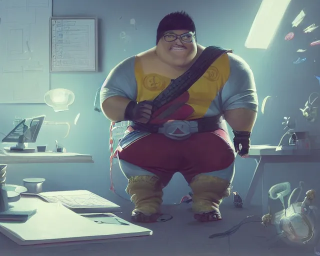 Image similar to an insanely detailed painting of a slightly chubby, nerdy asian man wearing a superhero costume, sitting at a desk, staring at the nervously at the computer and typing, in the style of peter mohrbacher, dramatic lighting and composition, octane render, pixar, trending on artstation, concept art, comic book, view from behind