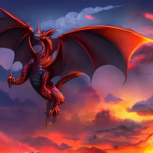 Prompt: an orange dragon in the sky that breathes fire, digital art, fantasy art, matte painting, as coherent as Dall-E 2