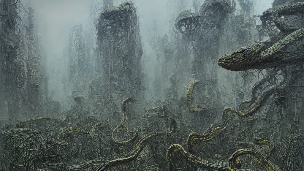 Image similar to Gnarly snakes bursting out of a dark mossy futuristic city, digital art by Zdzisław Beksiński , Ruan Jia, Rudolf Béres, Tsutomu Nihei