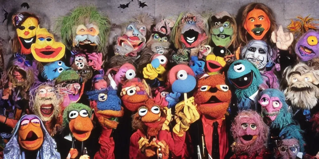 Image similar to jim henson muppet band wearing Halloween masks, 1980s surrealism aesthetic, detailed facial expressions, graffiti on the walls and ceiling