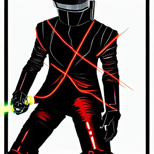 Prompt: Daft Punk inpired robot character in a DnD universe, red greatlightsaber,space, black cloak, concept art, arstation, award winning art