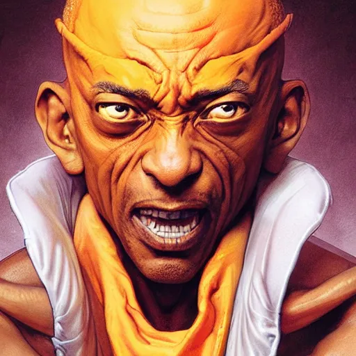 Image similar to giancarlo esposito as dhalsim street fighter, jump kick, 4 k, ultra realistic, detailed focused art by artgerm and greg rutkowski and alphonse mucha