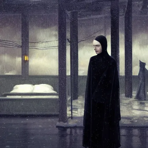 Image similar to Elle Fanning with a creepy cult at night in the world of Edward Hopper, stormy snowy weather, beach, fire, black robes, extremely detailed masterpiece, oil on canvas, low-key neon lighting, artstation, Blade Runner 2049, Roger Deakin’s cinematography, by J. C. Leyendecker and Peter Paul Rubens,