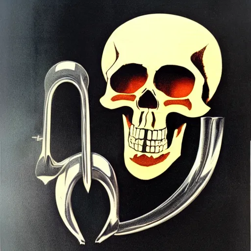 Image similar to 1 9 7 0 s airbrushed poster featuring art deco chrome skull, key light, intricate ornamental designs