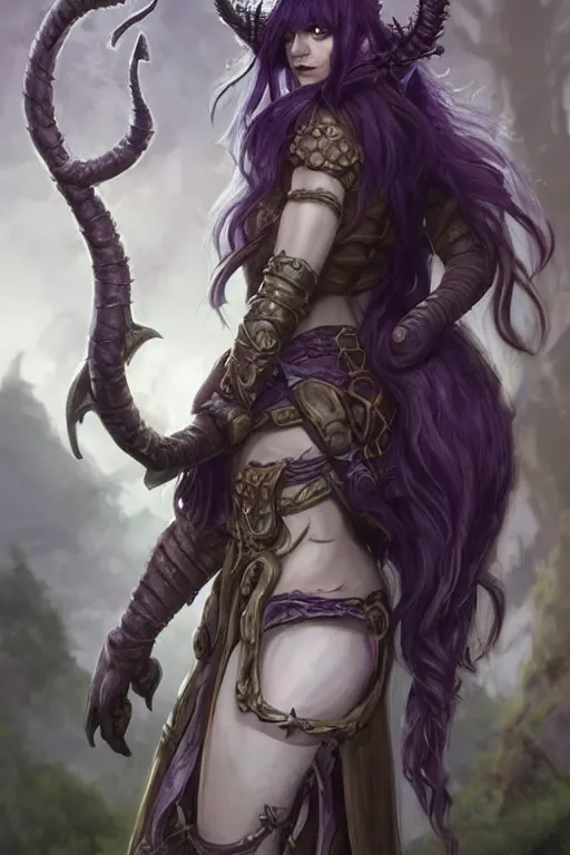Image similar to Tiefling Druid with horns, light leather armor, nature, tree staff, long horns ,demon tail light-brown skin, dark purple hair, and silver eyes full body, dungeons and dragons portrait, highly detailed, digital painting, artstation, concept art, sharp focus, illustration, art by artgerm and greg rutkowski and alphonse mucha