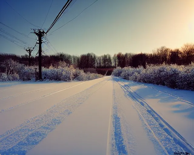 Image similar to a field covered in snow with power lines above it, a photo by kazys varnelis, featured on flickr, ecological art, photo taken with provia, matte photo, photo, at dawn