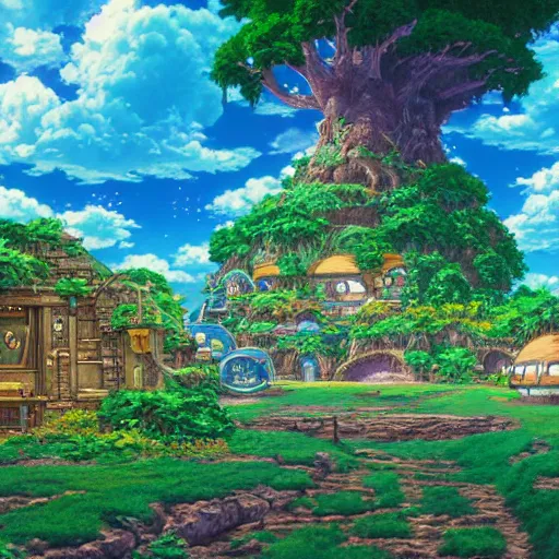 Prompt: photorealistic beautiful world of chrono trigger in the style of studio ghibli and tim white. hyperdetailed photorealism, 1 0 8 megapixels, amazing depth, glowing rich colors, powerful imagery, psychedelic overtones, 3 d finalrender, 3 d shading, cinematic lighting, artstation concept art