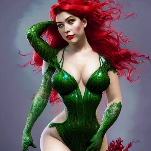 Prompt: a stunning 3 d portrait of a thicc and stacked ariel dressed as a beautiful poison ivy with hair tied in a braid, dark eyeliner, intricate, elegant, highly detailed, digital painting, artstation, concept art, sharp focus, octane render, art by artgem and jugendstil and greg rutkowski and alphonse mucha, pixv