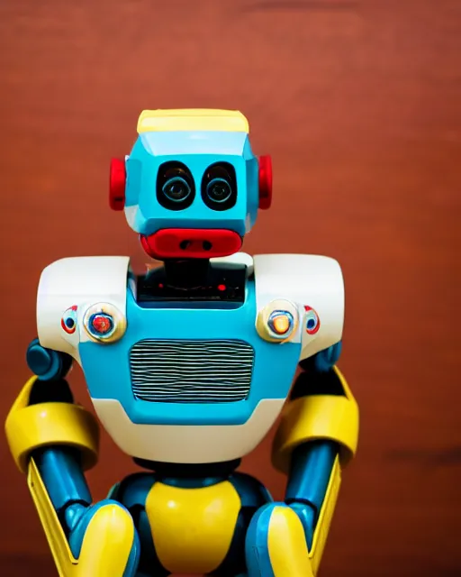 Image similar to high quality presentation photo of a retro toy robot, photography 4k, f1.8 anamorphic, bokeh, 4k, Canon, Nikon