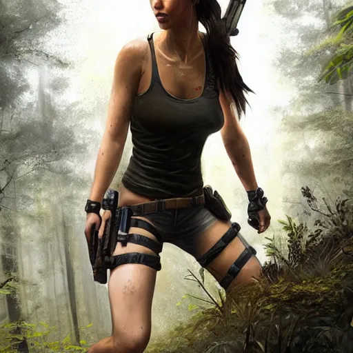 Image similar to photo of lara croft cuffed arrested by cops in a forest, 8 k, by greg rutkowski, artgerm,