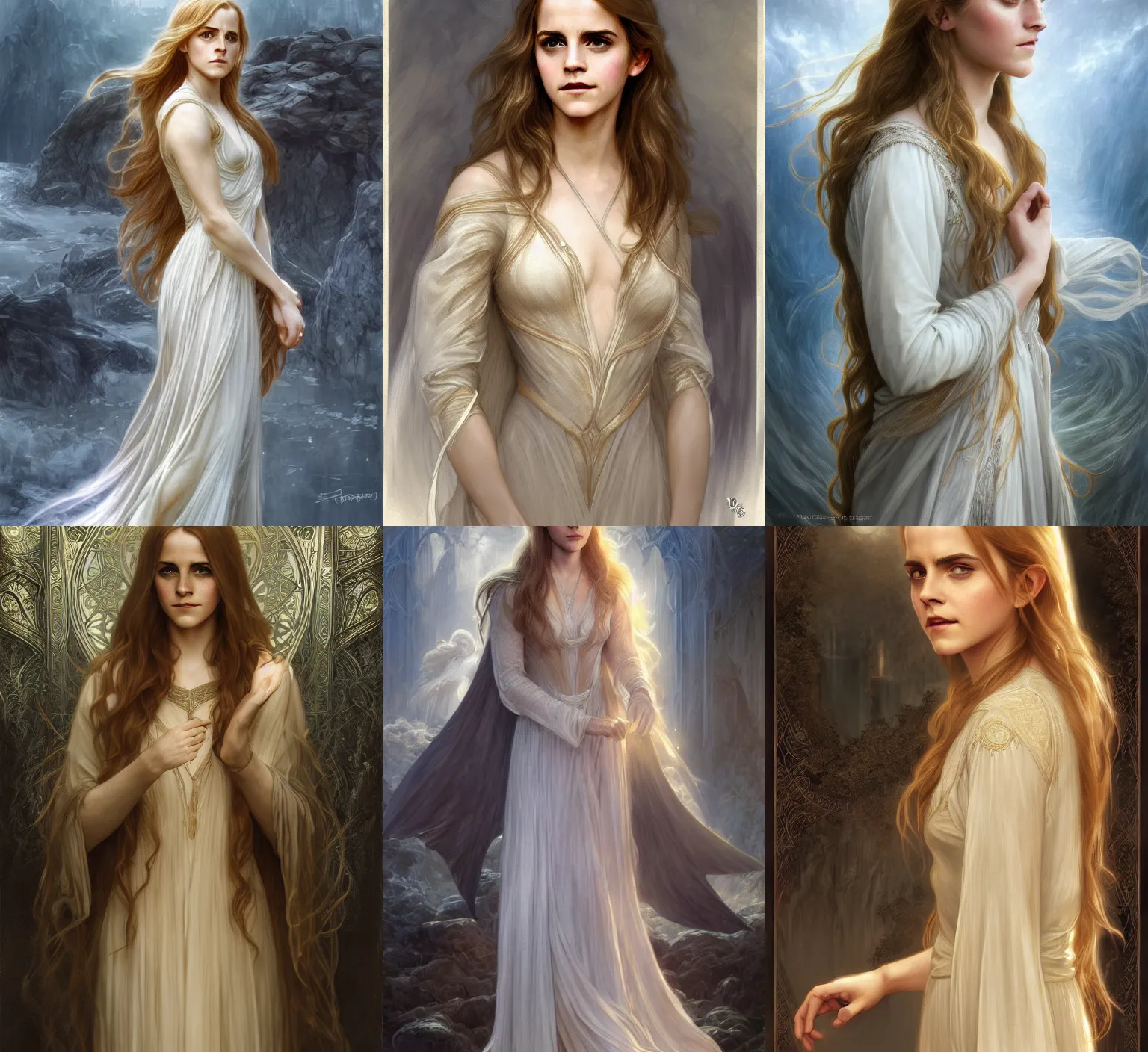 Prompt: emma watson as galadriel, long blond hair, intricate, elegant, highly detailed, digital painting, artstation, concept art, smooth, sharp focus, illustration, art by rutkowski, aleksi briclot, mucha, orientalism, bouguereau