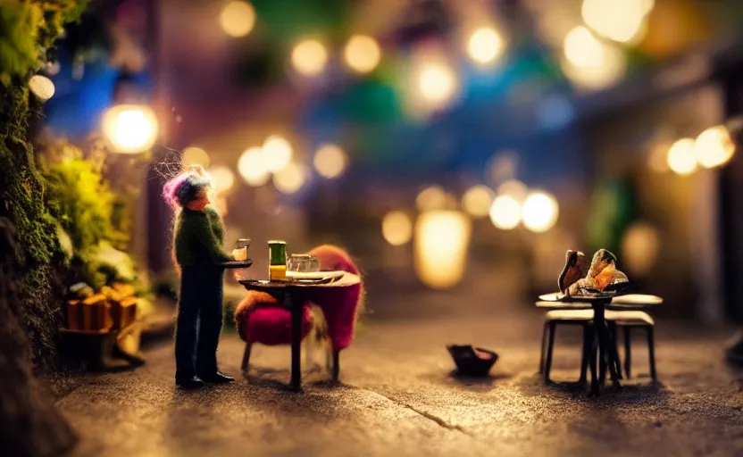 Image similar to miniature cafe diorama, macro photography, cafe with felted anglerfish on a date, alleyway, ambient, atmospheric, british, cozy, bokeh, romantic, colorful lanterns