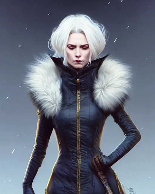 Prompt: dragon hunter wearing a fur - lined dragonhide jacket!!! beautiful and gorgeous elegant white hair!! symmetry, character concept art, sharp focus, illustration, art by artgerm!! greg rutkowski magali villeneuve wlop!! ilya kuvshinov!! charlie bowater! octane render, unreal engine 5! highly rendered!!