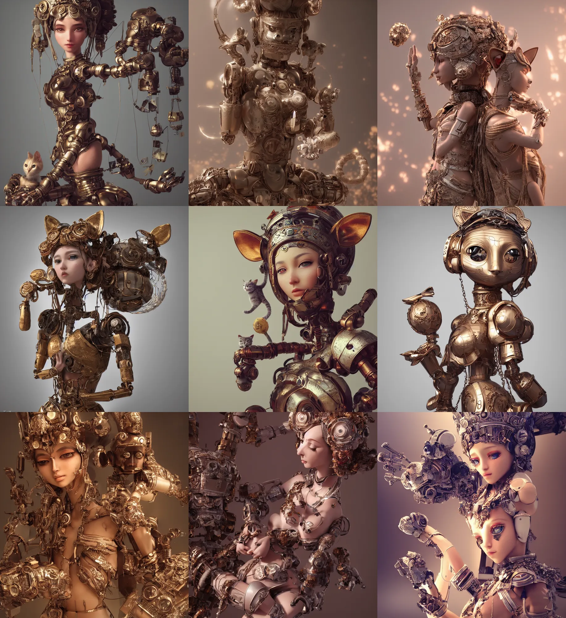 Prompt: 3D octane render ultra 8K photorealistic hyperdetailed unreal engine ,a wooden a very cute mystical robot of the roman godess bohemian with cat’s ears in a zen rebelle heroic pose ,concept art ,trending on cgsociety ,artwork masterpiece , in a contemporary art gallery in neo Paris