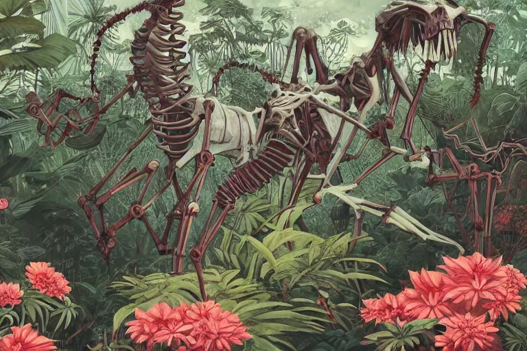 Image similar to 2 d gouache illustration, a lot of exotic vegetation, trees, tremendous skeletal robotic ancient gigantic cat, flowers, oldschool vintage sci - fi flat surreal design, super - detailed, painting by satoshi kon, hd, 4 k, high quality