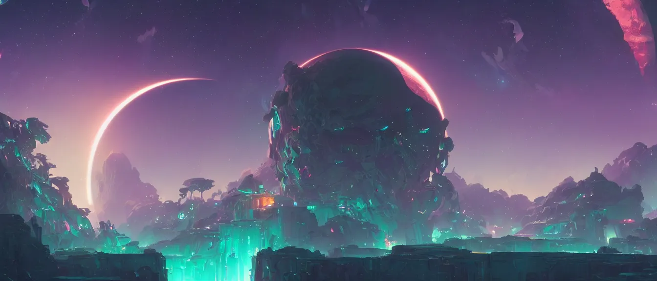 Image similar to antimatter space port on a colorful moon, unreal engine, fantasy art by greg, loish, rhads, ferdinand knab, makoto shinkai, lois van baarle, ilya kuvshinov, rossdraws, tom bagshaw, global illumination, radiant light, highly detailed intricate environment, isometric, onstudio ghibli, octane render, 8 k