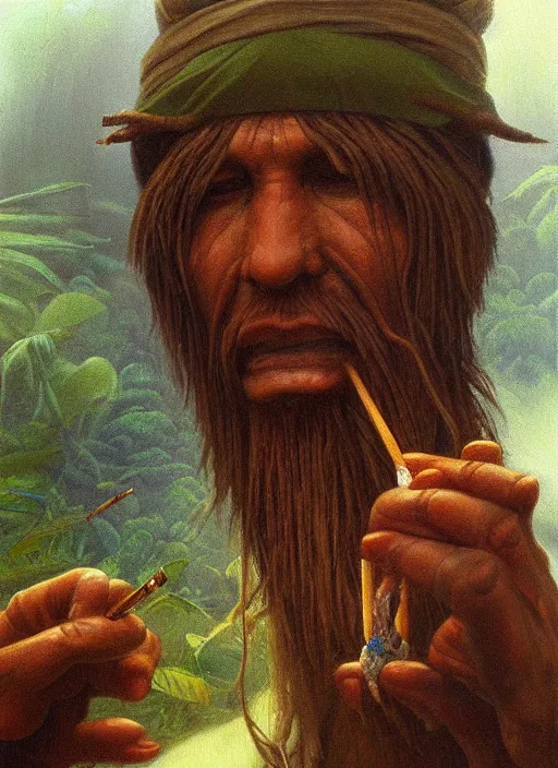 Prompt: a beautiful painting of a shaman in the jungle sniffing tobacco snuff, art by christophe vacher