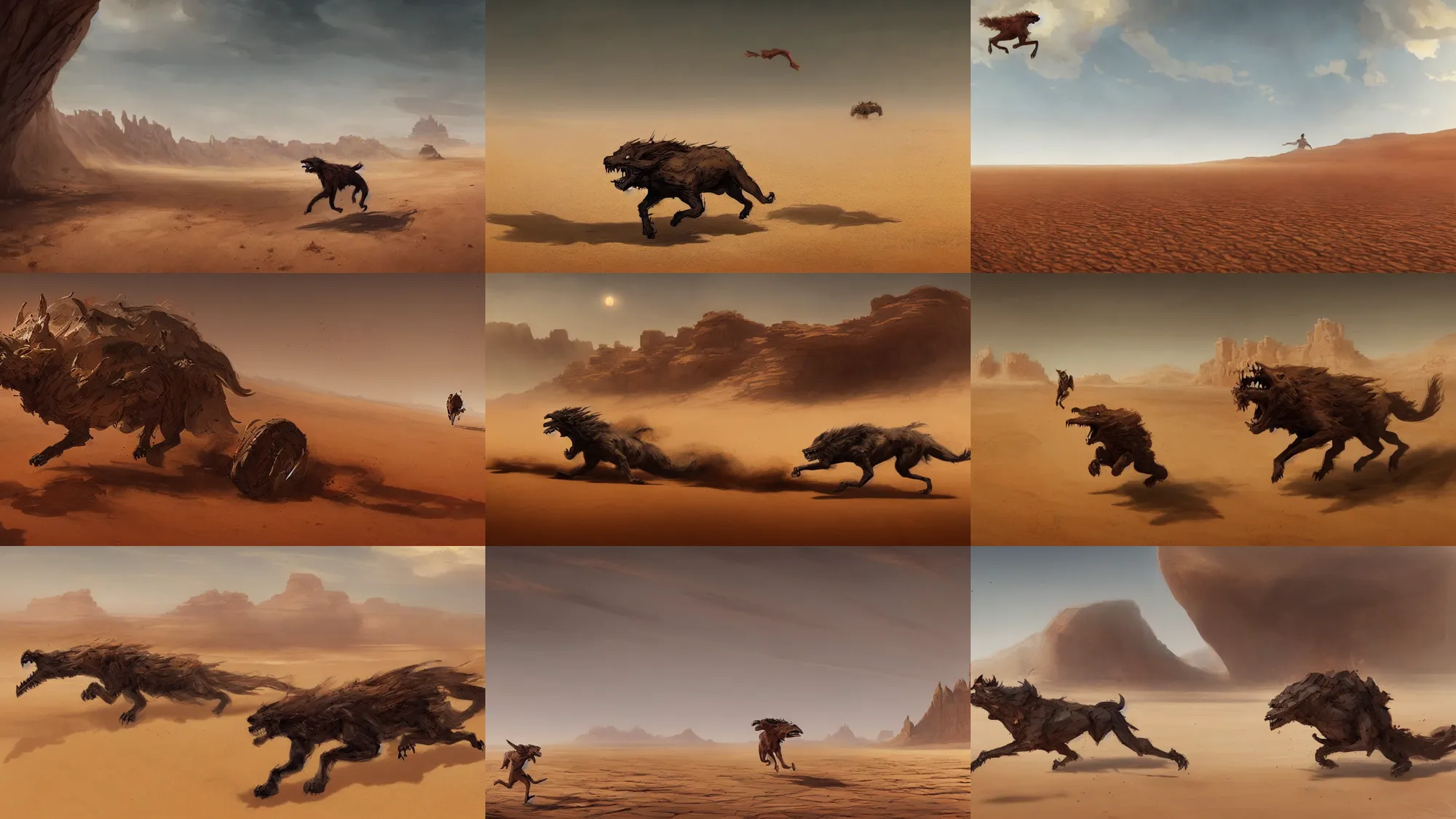 Prompt: beast running across the open desert, empty desert, sand, karst landscape, wide shot, concept art by greg rutkowski