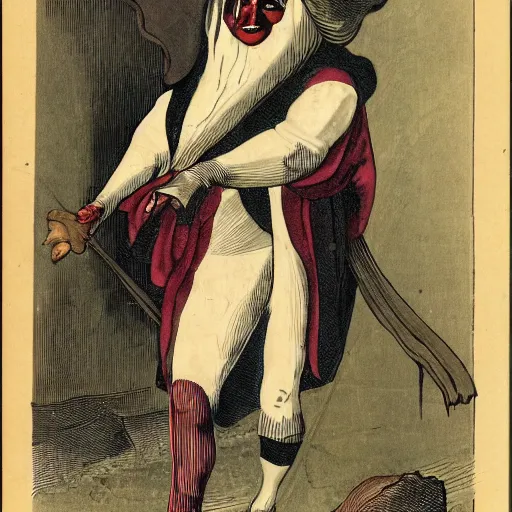 Prompt: Pulcinella with a sinister look on his face in front of Vesuvius