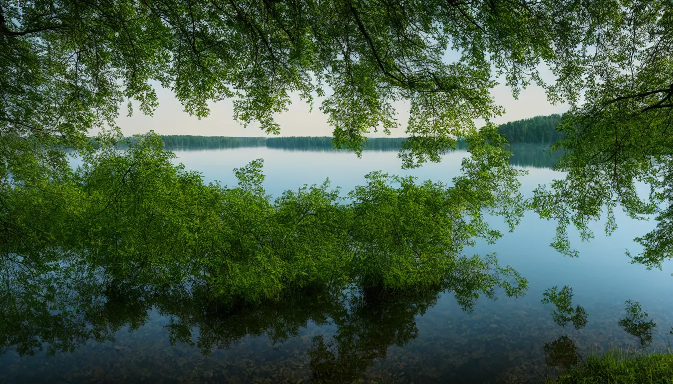 Image similar to eastern european, small lake view from hill shore, national park, nature, atmospheric, ambient vibe, very detailed, high resolution, 8 k