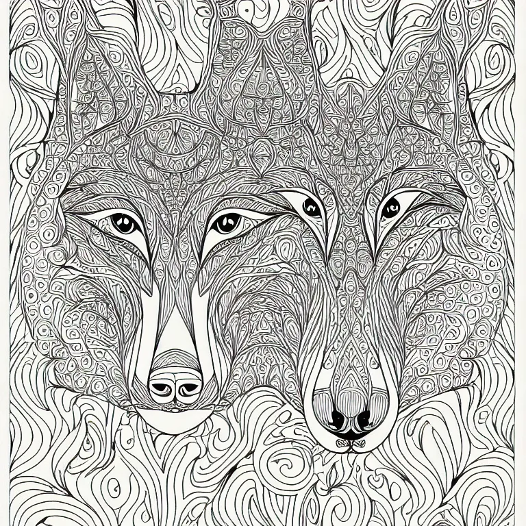 Image similar to fox ornaments fractal ink drawing line art colouring page, vector, margins, fine lines, centered