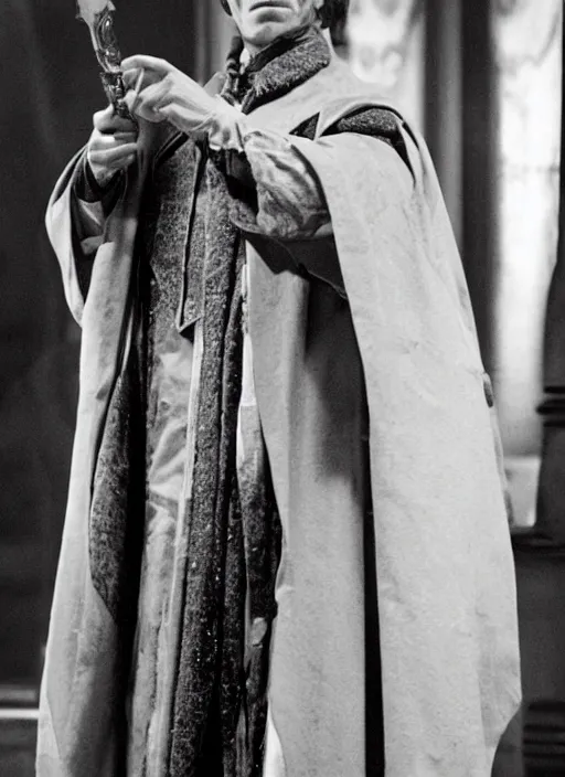 Prompt: movie still of miles richardson as irving braxiatel in timelord!! ceremonial!! robe in the doctor who series,