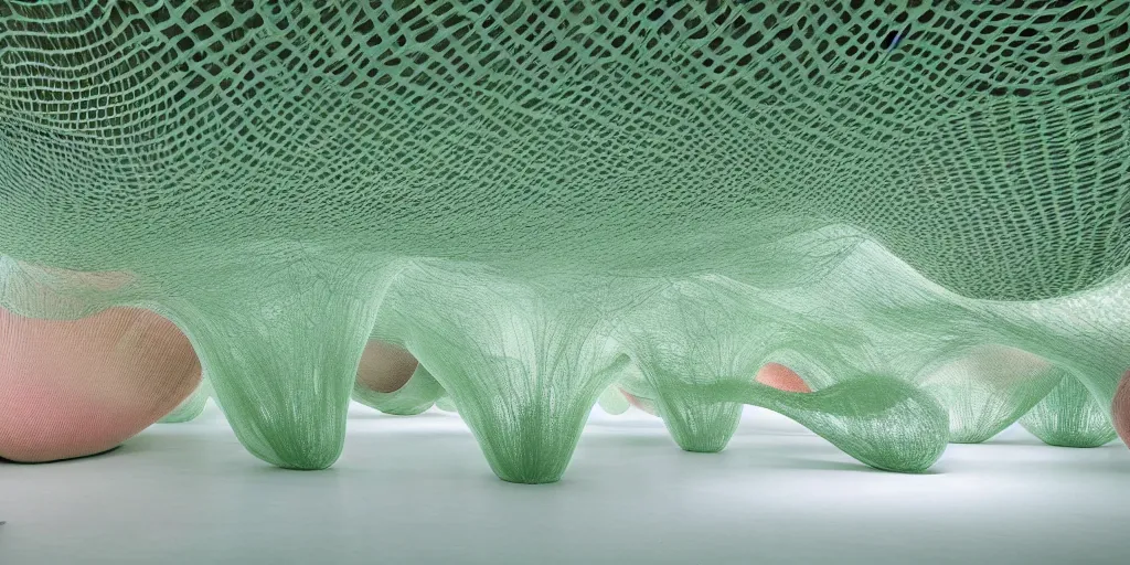 Prompt: soft biomorphic tactile structures by ernesto neto, light - mint with light - pink color, 4 k, insanely quality, highly detailed,