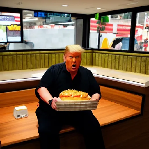 Prompt: a hugely fat version of Donald Trump, carrying a tray of big Macs, trying to squeeze in to a booth at McDonalds. Flash photograph at McDonalds