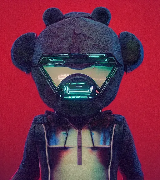 Prompt: portrait of a plush teddy bear, with cool cyberpunk dressing and implants, by greg rutkowski, wlop, beeple, dan mumford. octane render, trending on artstation, greg rutkowski very coherent symmetrical artwork. cinematic, hyper realism, highly detailed, octane render, 8 k, iridescent accents