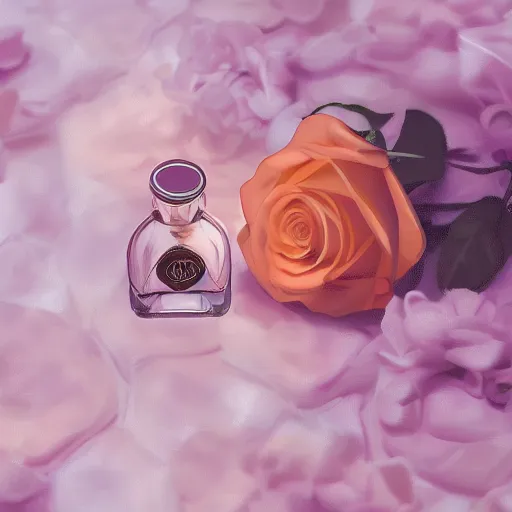 Prompt: perfume bottle surrounded by artistic, luscious pink roses, peach background, soft femme, romantic simple path traced, environment, up close shot