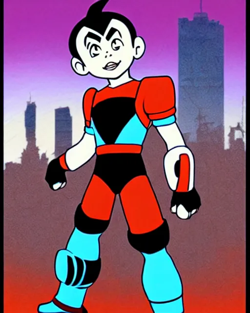 Image similar to a close up portrait of Astro boy in the style of Megaman, weapon on a ready looking determined overlooking a cyberpunk city in the background, full face portrait composition, 2D drawing by Mike Mignola, Yoji Shinkawa, flat colors, chiaroscuro lighting