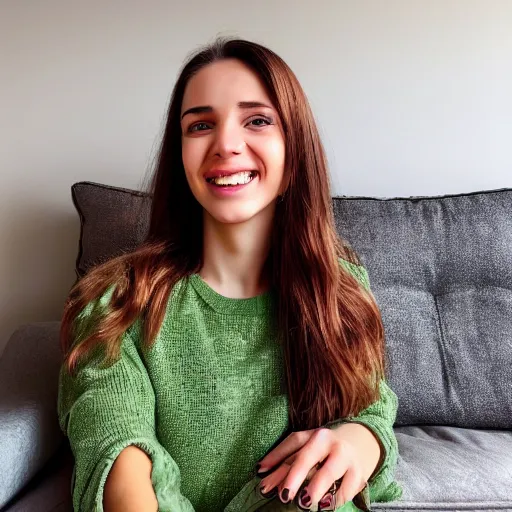 Prompt: Selfie photograph of a cute young woman smiling, long shiny bronze brown hair, full round face, emerald green eyes, medium skin tone, light cute freckles, smiling softly, wearing casual clothing, relaxing on a modern couch, interior lighting, cozy living room background, close-up shot, professional photography