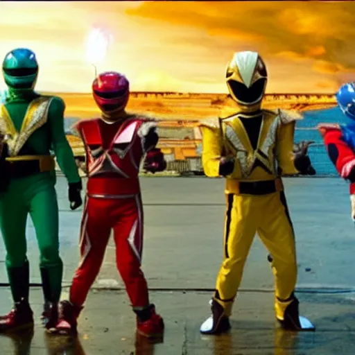 Image similar to The Power Rangers Megaforce having a break dance battle with Godzilla on top of the universe