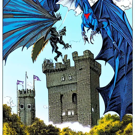 Image similar to A large azure dragoness atop a castle tower by Andy Kubert, highly detailed, in the style of Grant Morrison's batman