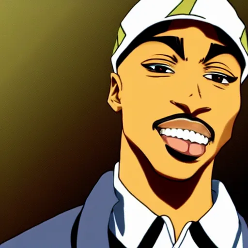 Image similar to Tupac Shakur, screenshot from a 2009s anime, anime style,