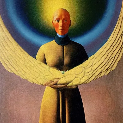 Image similar to Portrait of an elegant cosmic robotic angel. Painting by Jan van Eyck, Audubon, Rene Magritte, Agnes Pelton, Max Ernst, Walton Ford