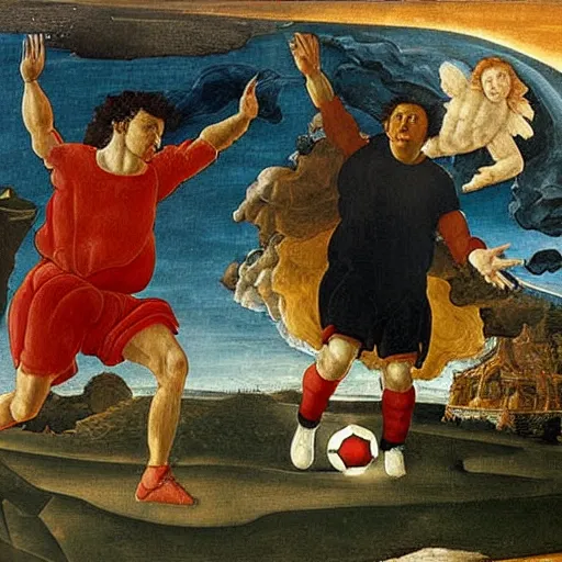 Prompt: painting of pele and maradona in heaven with a football ball, very detailled, by botticelli