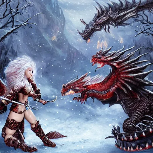 Image similar to fantasy warrior being eaten by a dragon in the snow