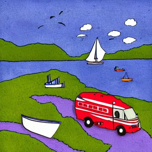 Prompt: class a motorhome on the grass by the harbor in maine, rocky coast, sailboats in the water, tiny village, white background, digital cartoon painting art, 4 colors!!! trending on artstation