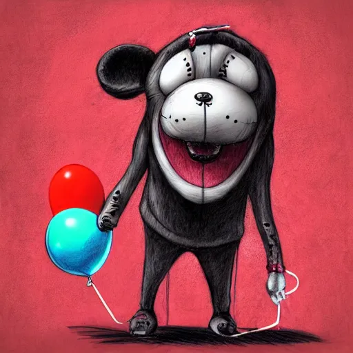 Prompt: surrealism grunge cartoon sketch of a teddy bear with a wide smile holding a red balloon by - michael karcz, loony toons style, horror theme, detailed, elegant, intricate