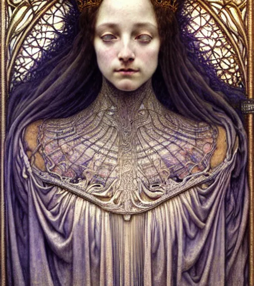 Image similar to detailed realistic beautiful young medieval queen face portrait by jean delville, gustave dore and marco mazzoni, art nouveau, symbolist, visionary, gothic, pre - raphaelite. horizontal symmetry by zdzisław beksinski, iris van herpen, raymond swanland and alphonse mucha. highly detailed, hyper - real, beautiful