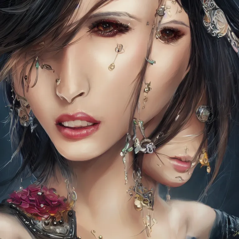 Image similar to oriental fantasy fashion girl portrait, flirtatious eyes, grin, cyberpunk, glossy eyes, face, short hair, fantasy, intricate, androgynous, highly detailed, digital painting, artstation, concept art, smooth, sharp focus, illustration