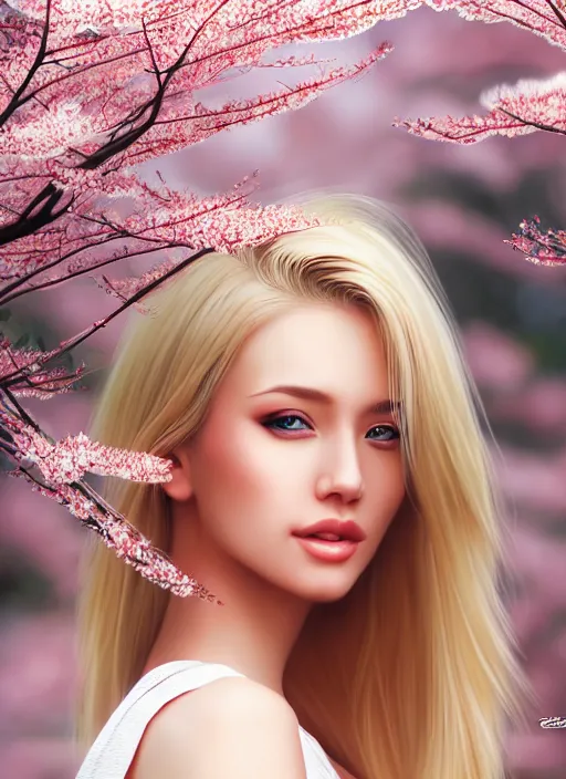 Image similar to photo of a gorgeous blonde female in the style of stefan kostic, realistic, half body shot, sharp focus, 8 k high definition, insanely detailed, intricate, elegant, art by stanley lau and artgerm, extreme blur cherry blossoms background