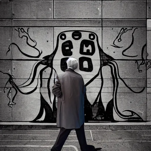 Image similar to photo of a man walk a cthulhu on the street, 8 k