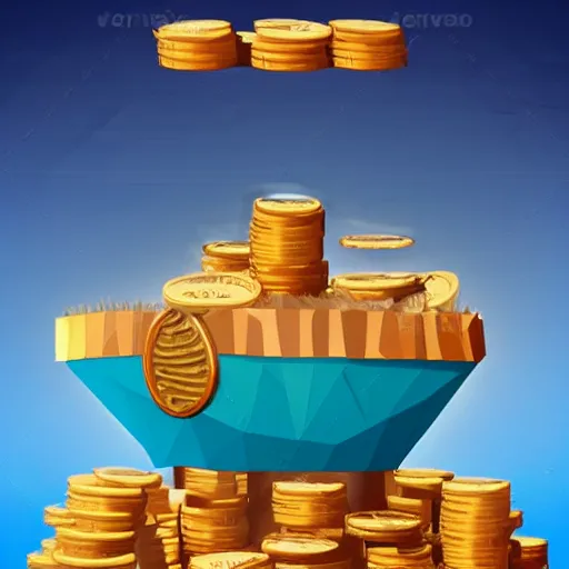 Image similar to boat in the dessert filled with coins, game concept, low poly