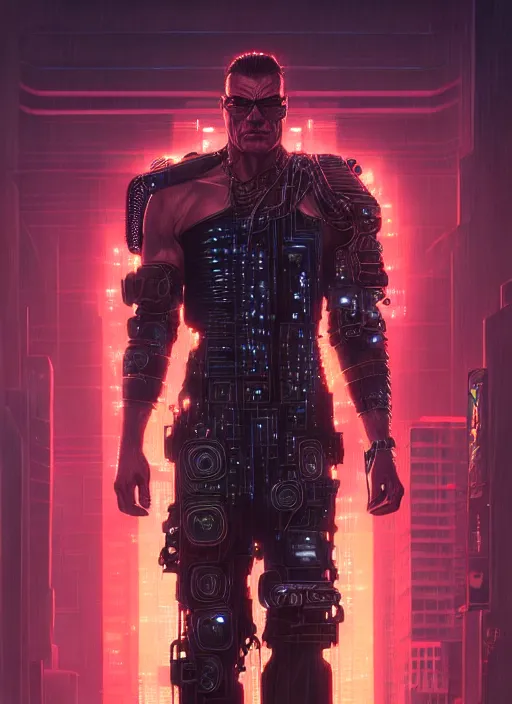 Image similar to van damme as cyberpunk raider, intricate, elegant, glowing lights, highly detailed, digital painting, artstation, glamor pose, concept art, smooth, sharp focus, illustration, art by artgerm and greg rutkowski, artey freytag