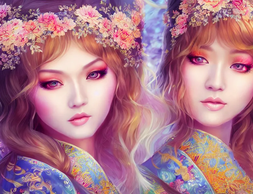 Image similar to two beautiful fashion siberian girls wear fantasy kimono in festival | | big eyes, sunny, dreamlike art, realistic shaded, smile, good looking, hyper details, 4 k realistic, cryengine, realistic shaded lighting poster by artgerm, ross tran, fuji choko, loish, 8 k resolution, trending on artstation, luxury