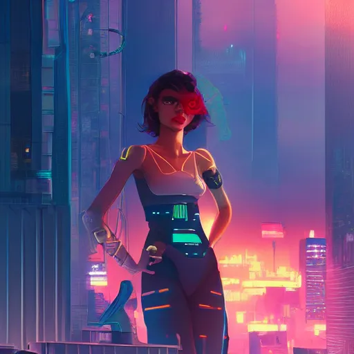 Image similar to zendaya as a cyberpunk hero standing on the rooftop of cybertown, art poster, character design, ambient lighting, 4 k, lois van baarle, ilya kuvshinov, rossdraws, alphonse mucha, jung gi kim, dylan kowalsk, artstation